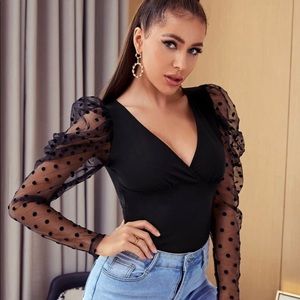 Surplice Neck Polka Dot Flocked Sleeve Top